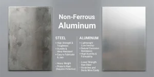 Aluminum plate beside steel plate as an example of non-ferrous and ferrous metals.