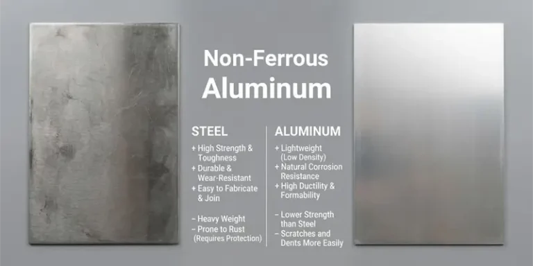 Aluminum plate beside steel plate as an example of non-ferrous and ferrous metals.