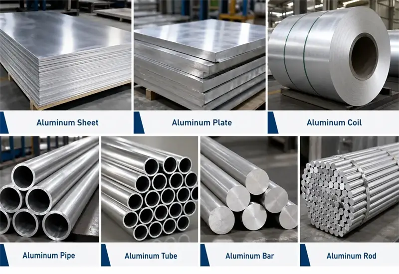 Aluminum sheet, plate, coil, pipe, tube, bar, rod, and extrusion product forms arranged for comparison