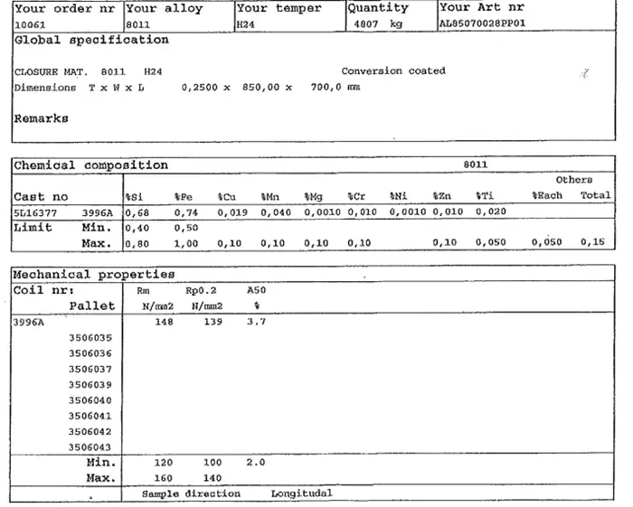 Aluminum material certificate highlighting alloy, temper, dimensions, chemistry, and mechanical-property fields