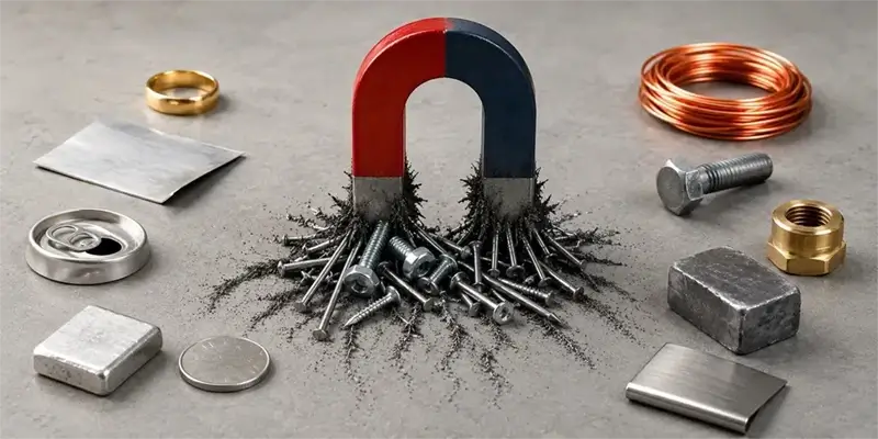 Magnet attracting steel fasteners beside aluminum pieces during a basic material screening test.