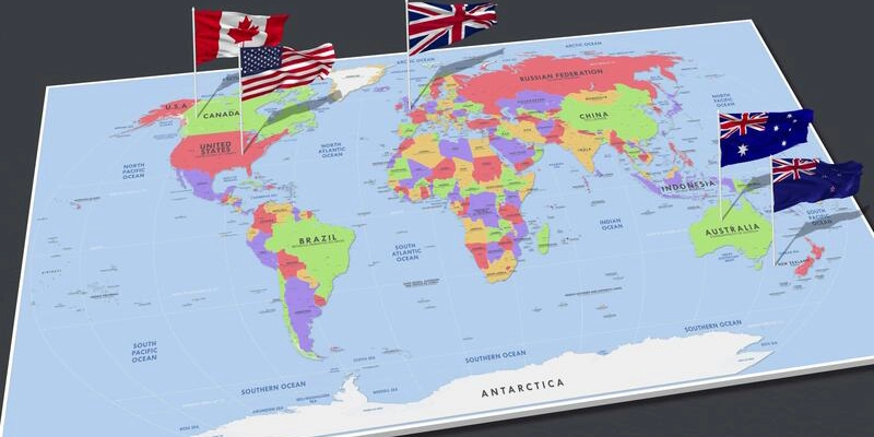 English spelling contexts marked for the United States, Canada, United Kingdom, Australia and New Zealand